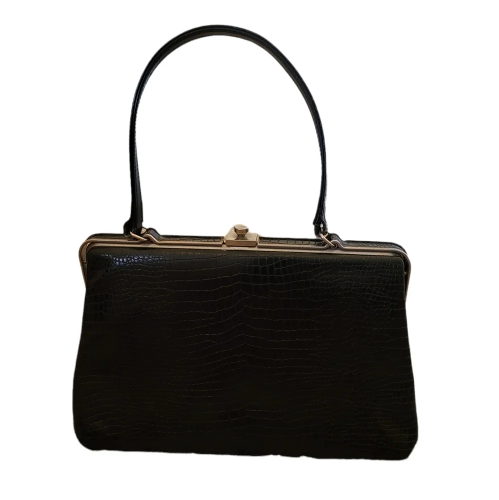 Vintage - 60's Black‎ Leather Reptile Frame Handbag